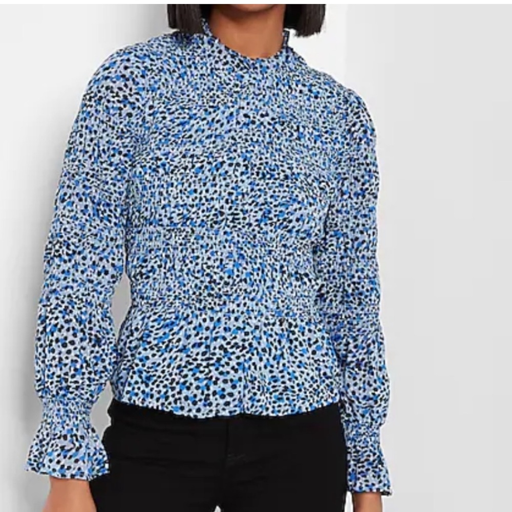 Express Blue and Black Smocked Leopard Print Top Size M